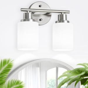 2-Light Vanity Lights, Brushed Nickel Bathroom Light Fixture with Striped Textured Milky White Glass Shade, E26 Modern Vanity Lighting Fixture for Bathroom Wall Sconce Light Over Mirror