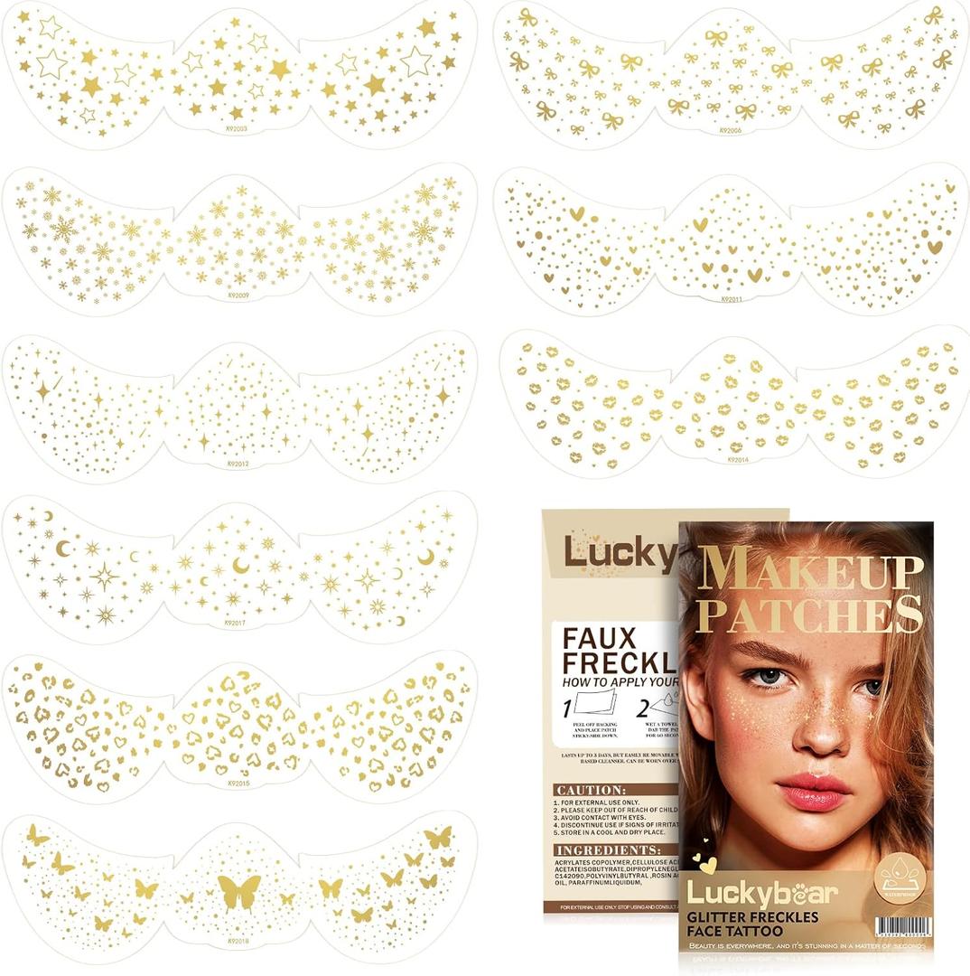 3 x Face Glitter Freckles Makeup Patches Gold Glitter Freckles Face Tattoo 9 Style Set Speckles Sparkle Freckle Temporary Tattoo Beauty Face Freckles Waterproof Faux Fake Freckle for Music Party Makeup