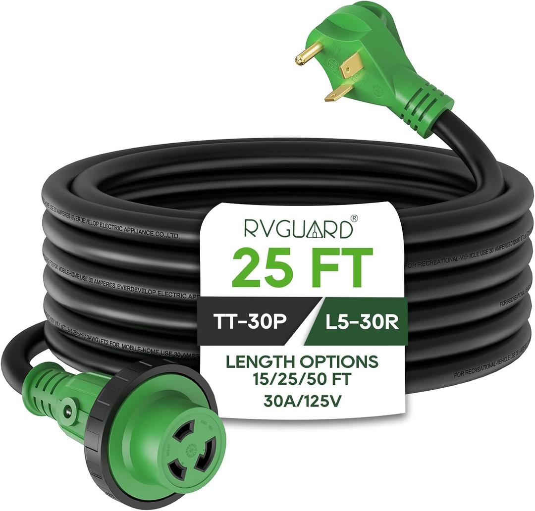 RVGUARD 30 Amp 25 Foot RV Power Extension Cord, Heavy Duty STW Cord with LED Power Indicator and Cord Organizer, 30 Amp Male Standard to 30 Amp Female Locking Connector, Green, ETL Listed