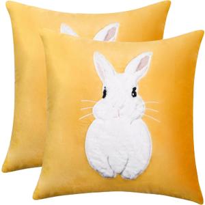Happy Easter Pillow Covers 18X18 Inch Set of 2 Cute 3D Embroidered Yellow Bunny Easter Decor Pillow Case Spring Farmhouse Pillows Easter Decorative Soft Velvet Throw Cushion Cover for Home Sofa