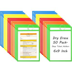 50 Pack 6x9 Inch Shop Ticket Holders - 5 Assorted Colors Dry Erase Pocket Sleeves with 5 Rings for Industrial Shop Ticket & Office