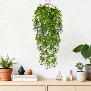 2 PACK RAINFLOW Artificial Hanging Flowers for Outdoors - Small UV Resistant Hanging Morning Glories with Eucalyptus Leaves, Artificial Eucalyptus Plant for Home Balcony Wedding Indoor Outdoor Patio Decor