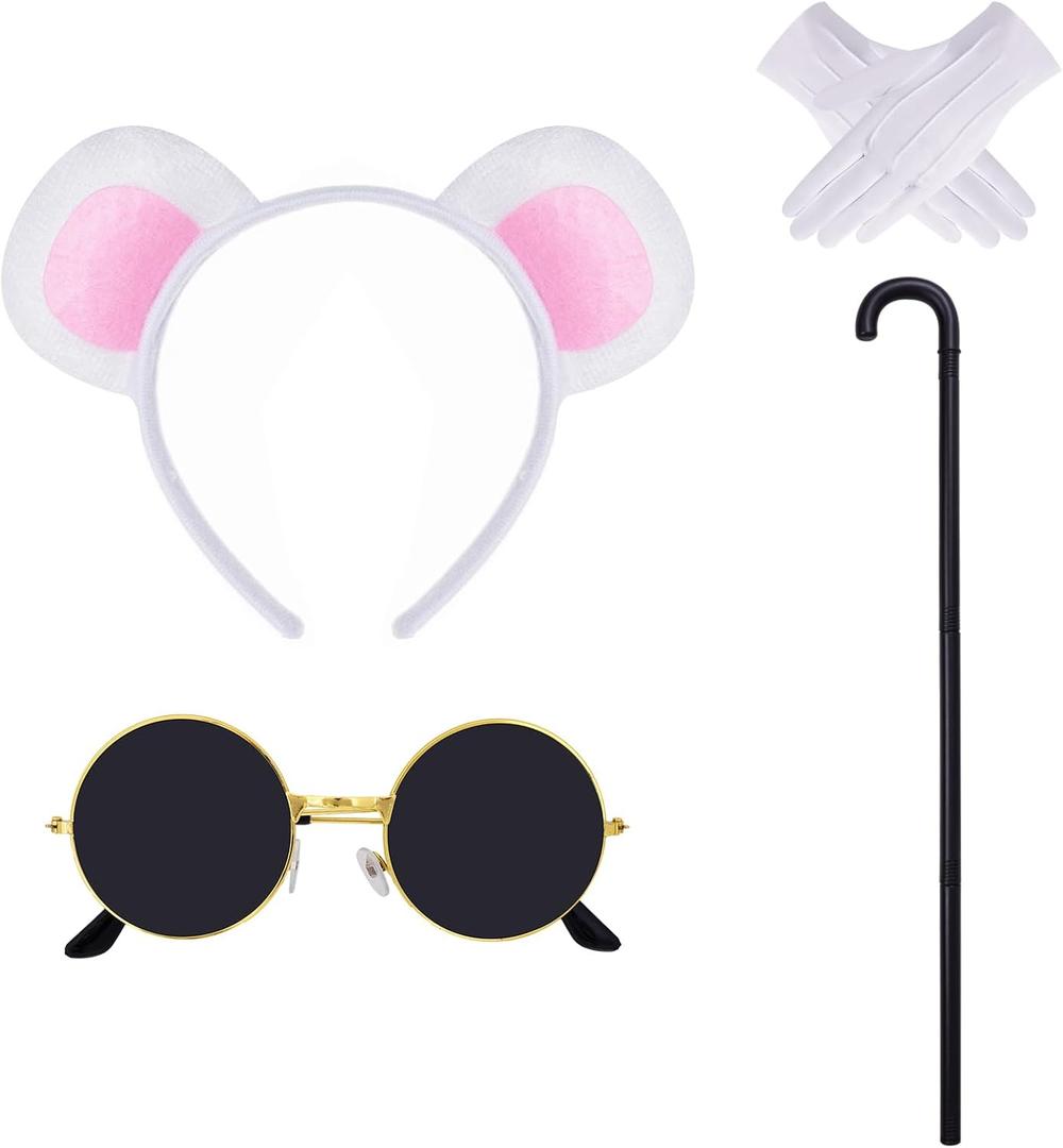 Mouse Costume Accessories, Mouse Ears Headband Sunglasses Blind Cane White Gloves for Halloween Adult Women Costume