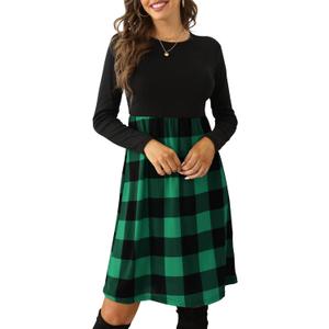 PRIMODA Women's Long Sleeve Empire Waist Buffalo Plaid Midi Swing Dress with Belt (X-Large)