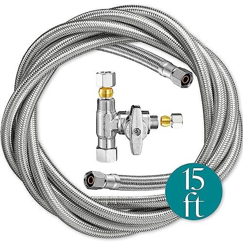 Refrigerator Ice Maker Water Line Kit - 15' Braided Stainless Steel Fridge Water Line with 1/4" Compression Fittings Pex Tubing Core and Water Splitter