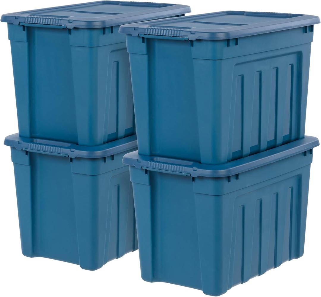 IRIS USA 20 Gallon Eco-Friendly Heavy Duty Storage Totes with Easy-Grip Handles, 4 Pack - Large Bins with Lids Garage Organizing Tubs, Durable Stackable Utility Containers, Made in USA - Navy
