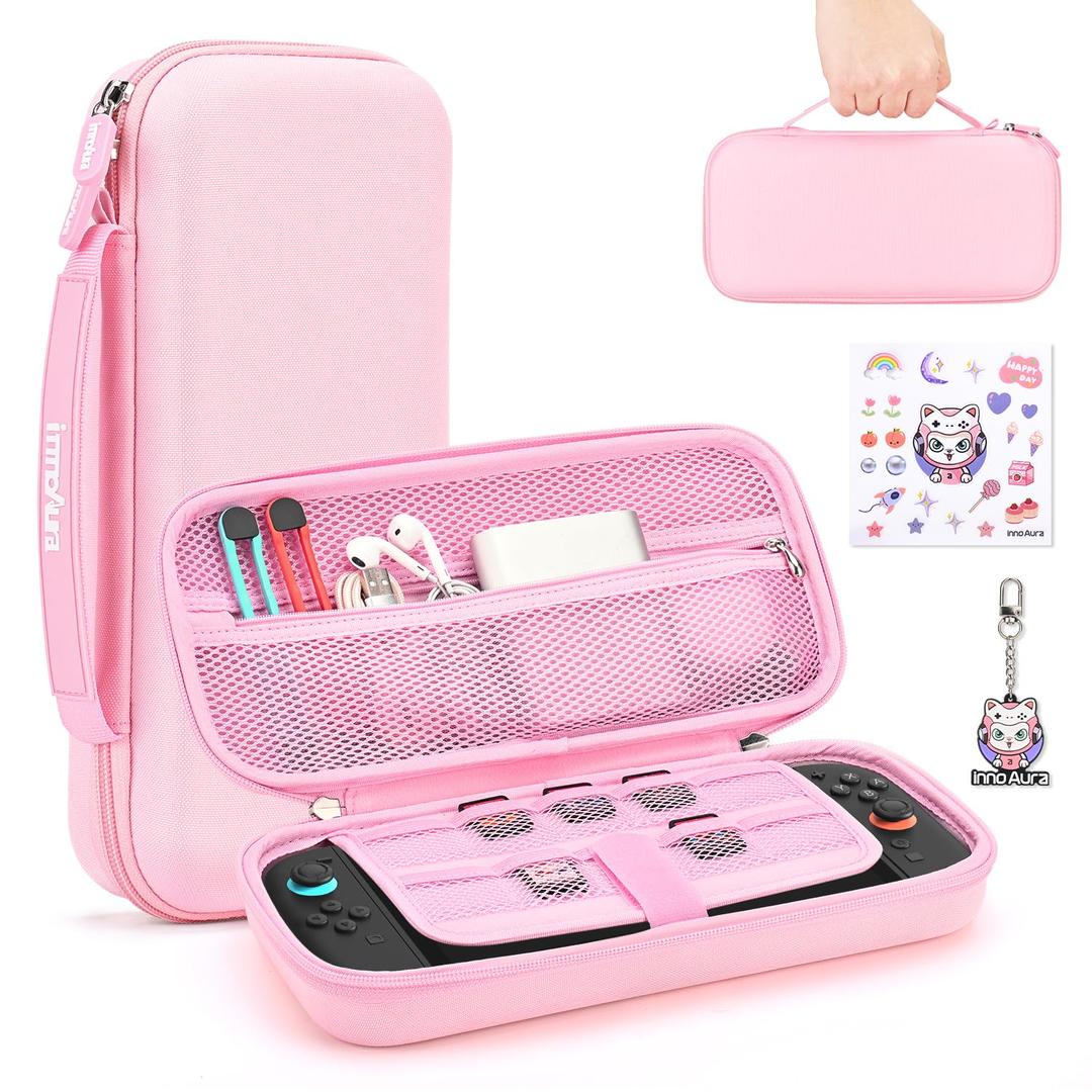 innoAura Switch 2 Carrying Case for NS Switch 2 (2025), with 9 Game Card Slots, Protective Travel Storage Case, Cute Pendant and Sticker, Pink