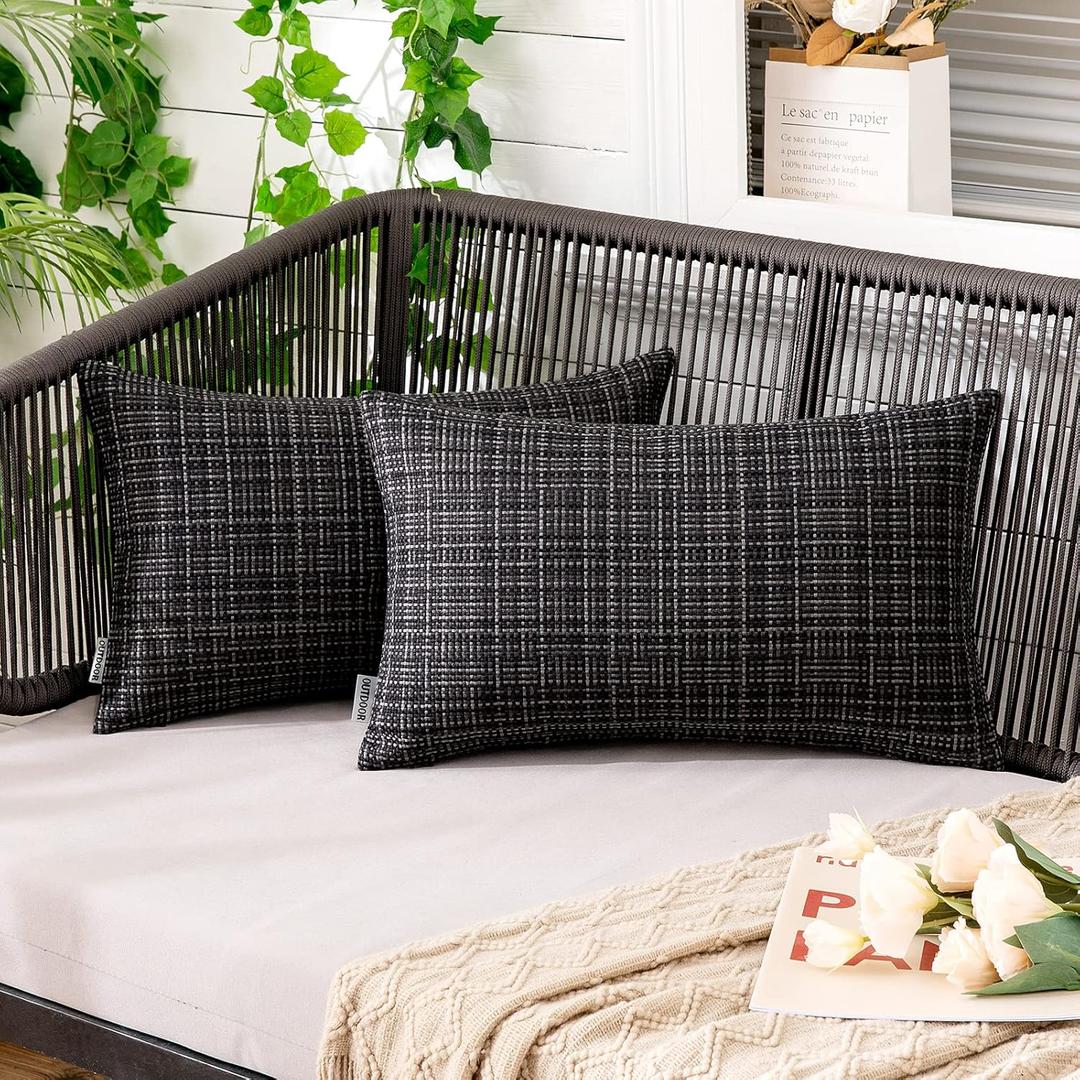 MIULEE Outdoor Waterproof Throw Pillow Covers Decorative Farmhouse Water Resistant Cushion Covers for Tent Patio Garden Couch Sofa Pack of 2, 12x20 Inch Black