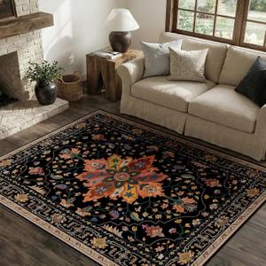 RELEANY Area Rugs 4'x6' Washable Non-Slip, Floral Vintage Distress Print Pattern Medallion Carpet for Living Room Bedroom Dining Room, Black Colorful Floral Dark Tan
