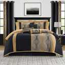 Stratford Park Elegant Black and Gold Comforter Set King Size, Striped,15 Piece Room-in-A-Bag, Jacquard Bedding Set, All Season, Matching Decorative Pillows, Pillow Sham, Curtains
