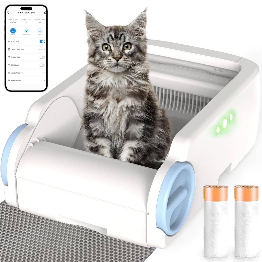 Self Cleaning Cat Litter Box, Open-Top Automatic Litter Box for Multiple Cats with App Control, Safety Protection, Ultra-Quiet, Odor Control Includes 2 Roll Garbage Bags and 1 Litter Mat, White & Blue