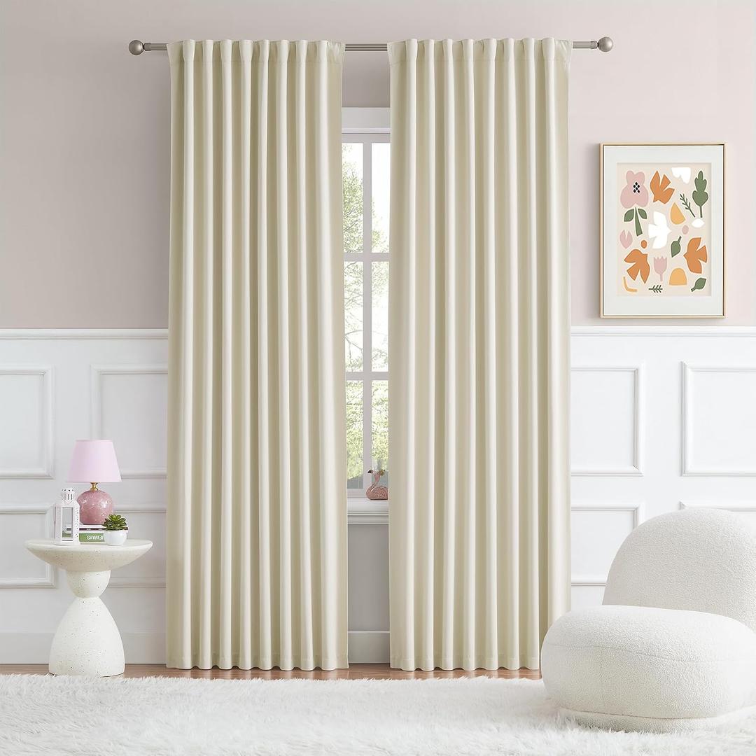 DUALIFE Cream Blackout Curtains 90 Inch Long 2 Panels Set Back Tab Loop Pocket Modern Drapes with Heading Tape Thermal Insulated Room Darkening Curtains for Living Room 52 x 90 Inch