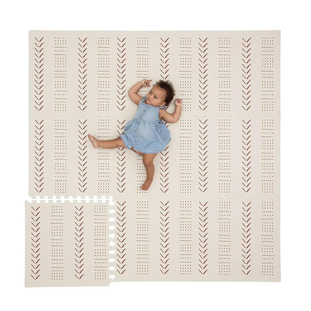 CHILDLIKE BEHAVIOR XXL Baby Play Mats, 72x72 Puzzle with 9 Foam Tiles, Crawling Mat with Interlocking Tiles, 24x24 Puzzle Mat Pieces, Neutral Playmat for Toddlers & Infants Play Pen - Beige