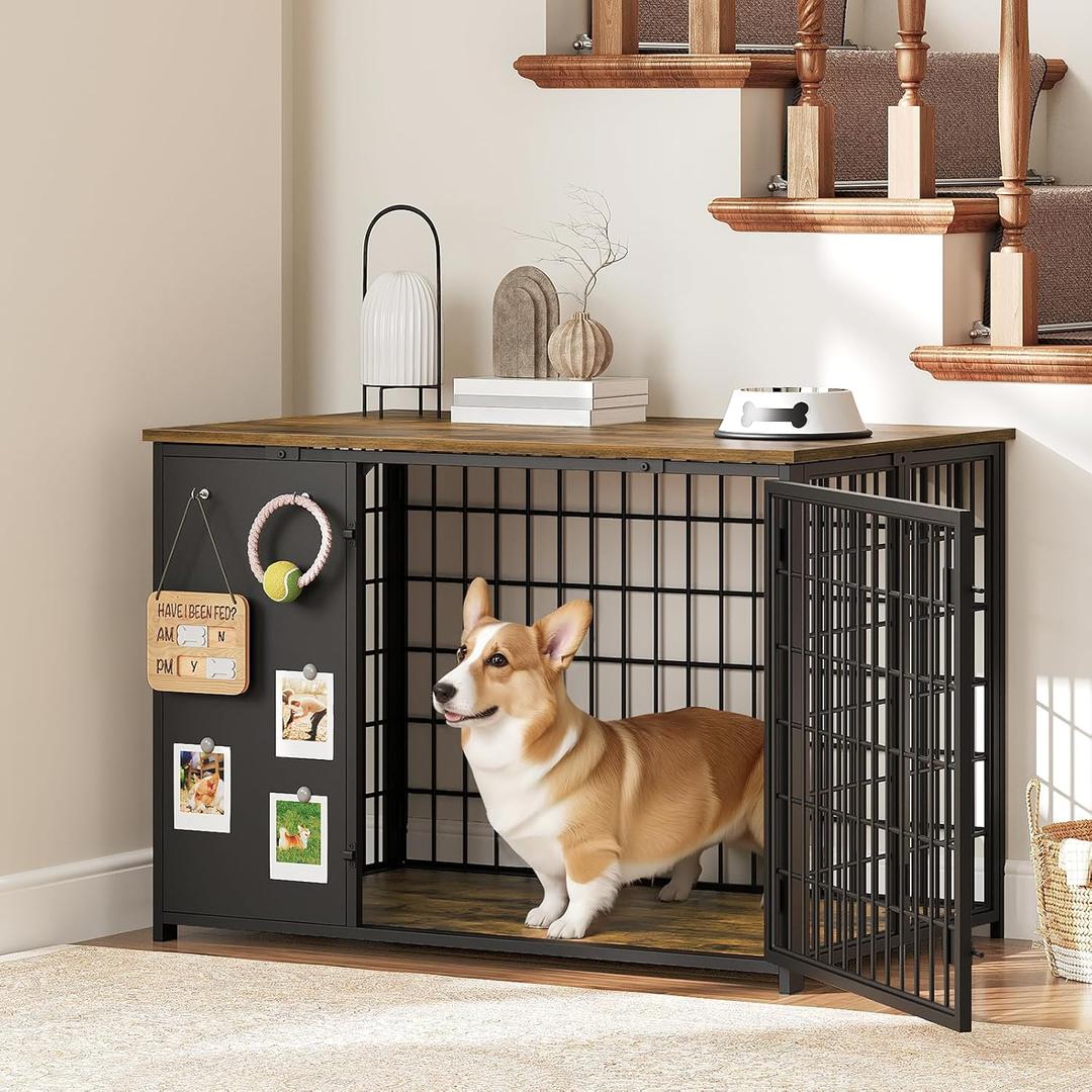 Foldable Dog Crate Furniture, Dog Crate with DIY Frame, Heavy Duty Dog Kennel Indoor with Hooks, Wooden Dog Cage End Table, for Small/Medium Dogs, Rustic Brown and Black DC95BR
