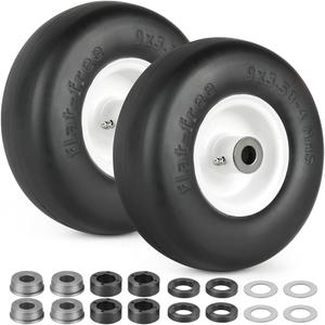 LotFancy 9x3.50-4 Flat Free Tire and Wheel, 2 PCS Lawn Mower Tire, 3/4" or 5/8" Bushings, 3.5"-4"-4.5"-5" Centered Hub, Smooth Tread Tire for Zero Turn Mowers