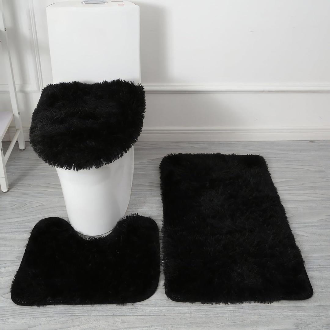 Eanpet Black Bathroom Rugs Sets 3Piece Bath Mat Solid Bath Rug Floor Mats Washable Shower Rug with U-Shaped Contour Rug Toilet Lid Cover