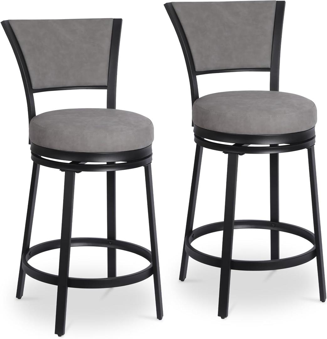 Bar Stools Set of 2, 25 Inch Metal Counter Height Bar Chairs, Modern Faux Leather 360 Round Swivel Barstools with Back, Counter Stools for Kitchen Island, Pub, Grey (Grey & Black)