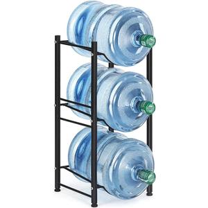 Water Bottle Storage Organizer - 5 Gallon Jug Holder Rack, 3-Tier Stackable Dispenser Stand for Office, Kitchen, Lobby, Foyer - Black