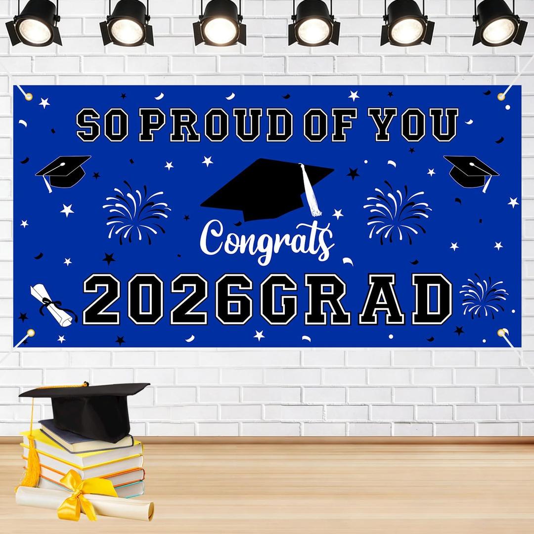 6 x Graduation Decorations 2026 Blue Graduation Banner 66.1" x 33.8" Graduation Backdrop Congrats Grad Banner for Outdoor Indoor High School College Class of 2026 Graduation Party Decorations Supplies