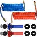15FT Coiled Air Brake Line Hoses Kit Electrical Power Wire Assembly with 12" Tractor Lead, Gladhand & Handle Grips & Rubber Seals for Semi Truck Trailer