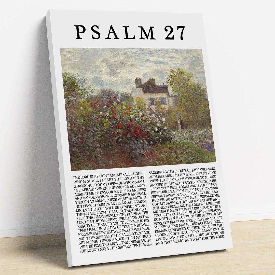 Psalm 27 Wall Art Vintage Flower Landscape Painting the Lord Is My Light Wall Art Bible Verse Prints Christian Pictures Jesus Artwork for Living Room Christian Scripture Posters 16x24inch Wood Framed