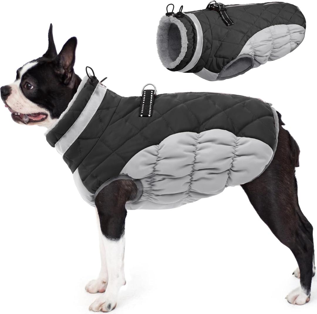 AOFITEE Dog Coat, Warm Dog Jacket Dog Winter Coats, Reflective Turtleneck Dog Fleece Vest with Harness Built in, Waterproof Windproof Dog Snow Jacket Snowsuit for Small Medium Large Dogs, Grey M