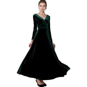 Urban CoCo Women Long Sleeve V-Neck Velvet Stretchy Long Dress