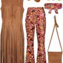 SOMSOC 7 Pieces 70s Women Hippie Costume Fringe Vest Bag Pant Headband for Halloween (Large, Brown)