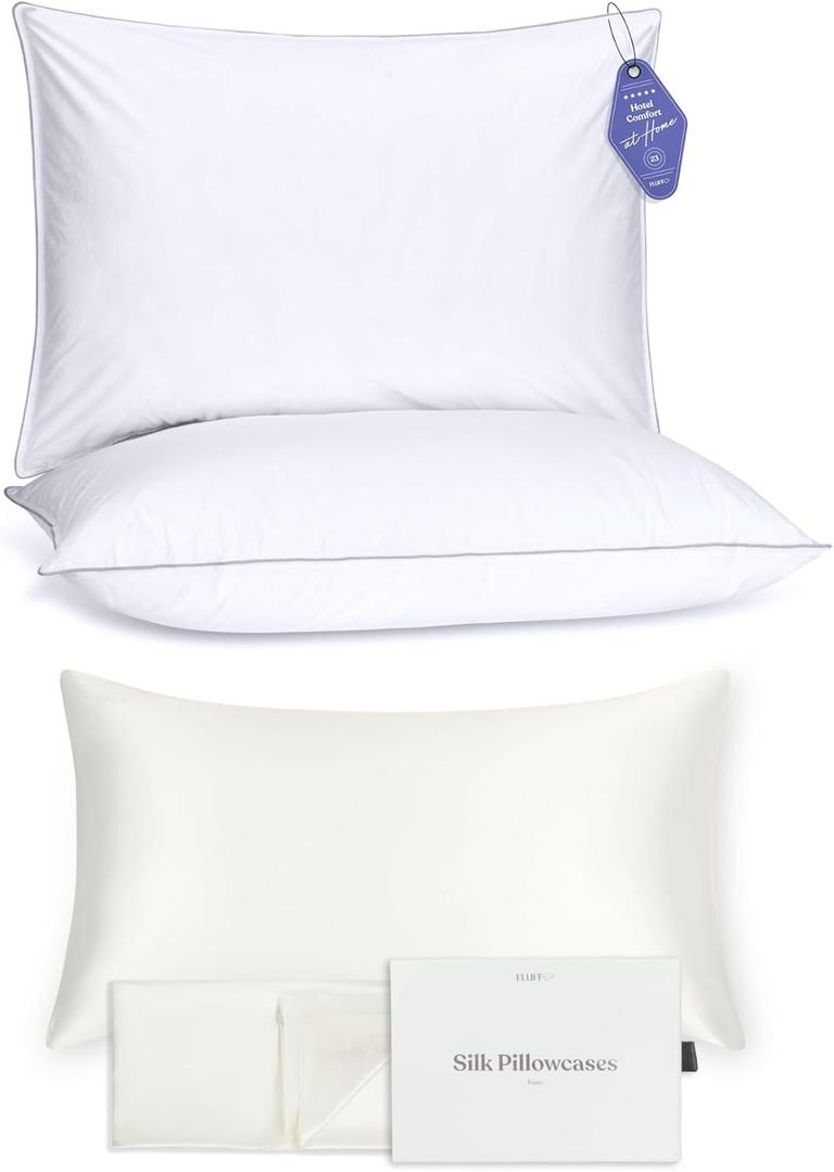FluffCo 2-Pack King Size Down Alternative Pillows + 100% Pure Mulberry Silk Pillowcase Bundle: Luxury Hotel-Style Comfort, Breathable & Hypoallergenic, Machine Washable, 22 Momme Silk