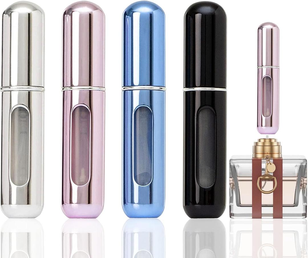 4 Pcs Mini Perfume Atomizer Refillable Bottle, 5ml Portable Bottom Fill Scent Dispenser, Leak-Proof Cologne Travel Spray Pump for Purse & Luggage (Silver/Pink/Blue/Black)