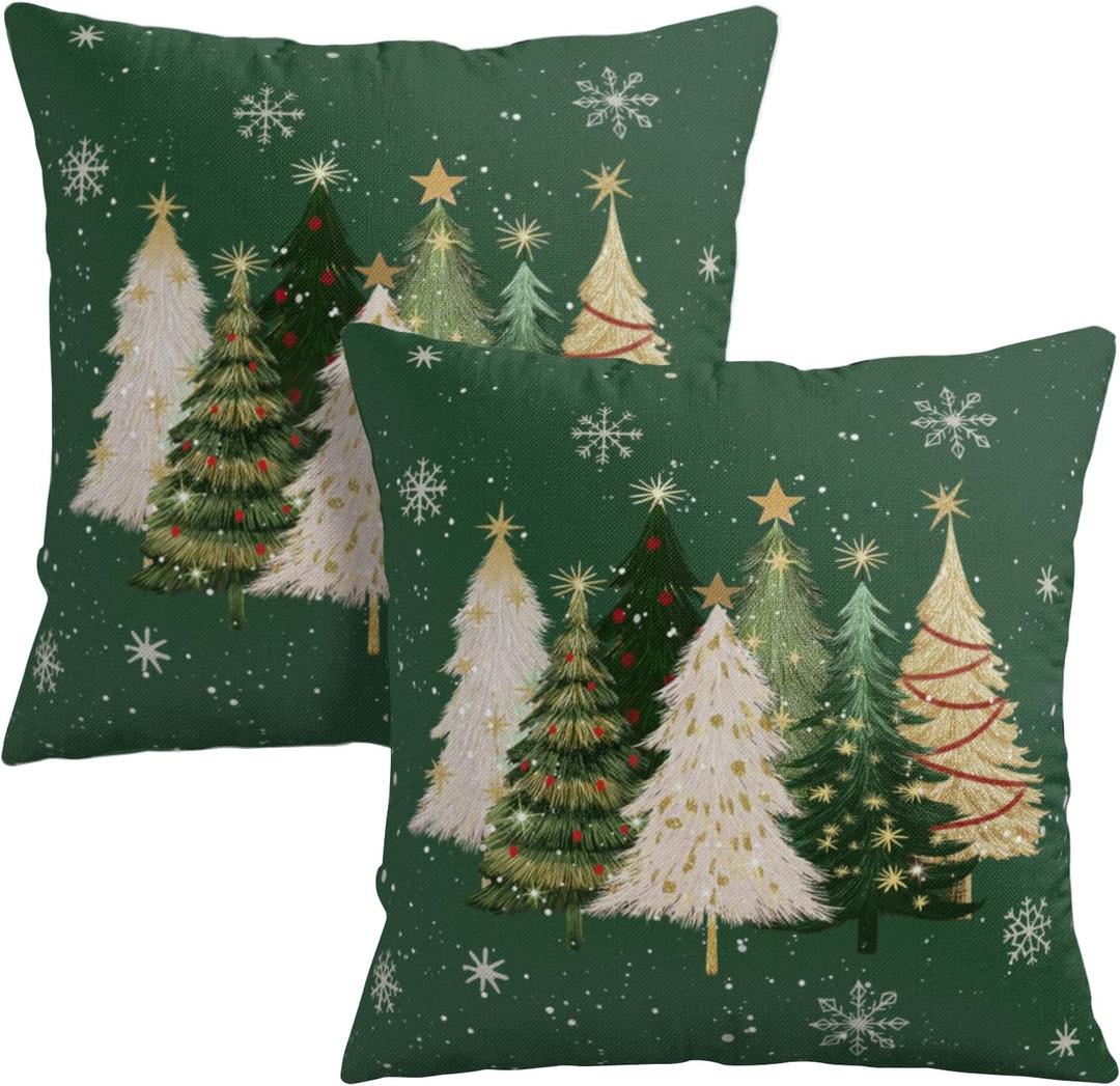 Green Christmas Outdoor Pillow Covers 18x18 Set of 2 White Gold Xmas Tree Snowflakes Pillow Case Rustic Farmhouse Winter Holiday Decorative Pillowcases for Home Sofa Couch