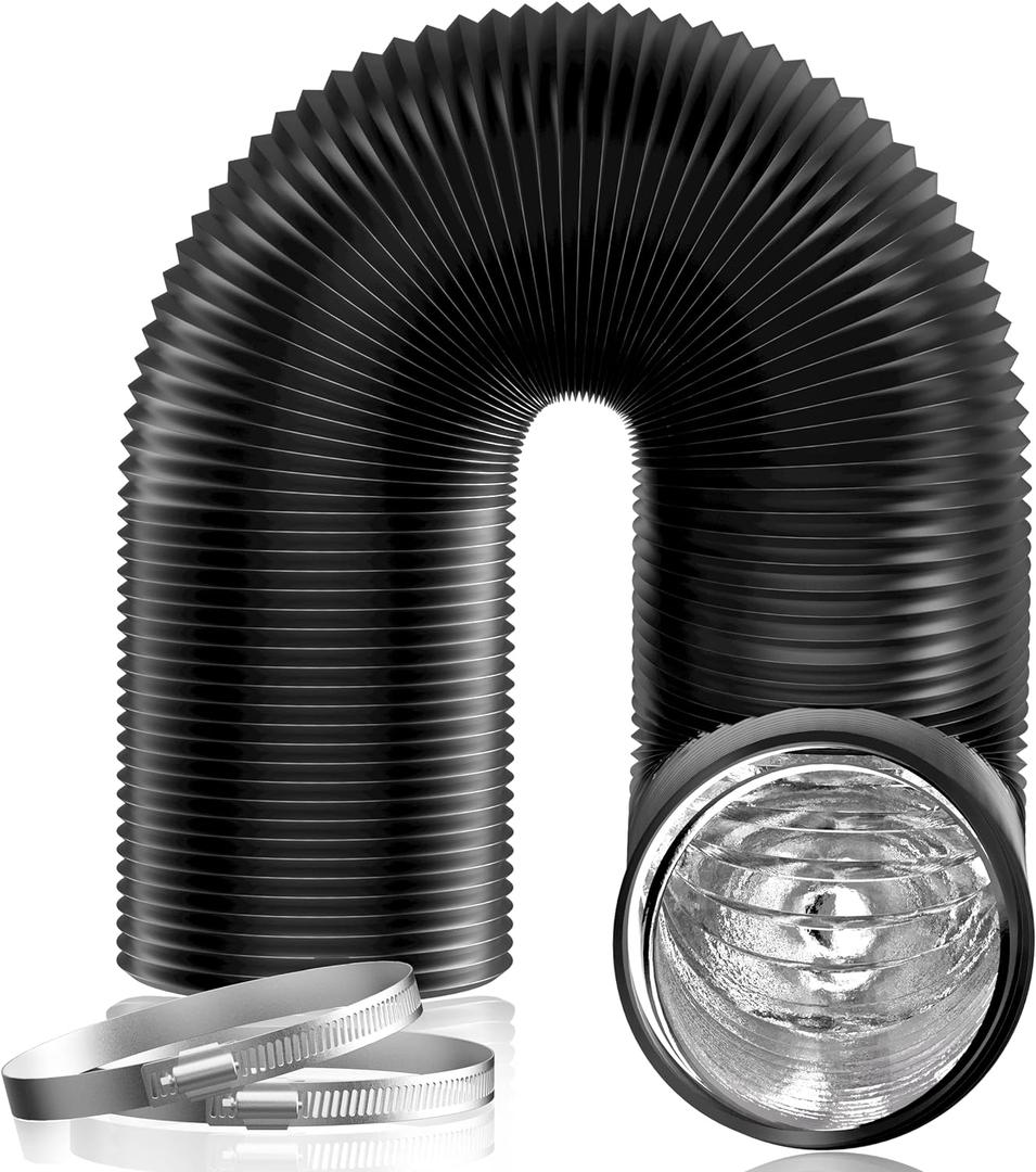 Hon&Guan 8 inch 16 FT Long Air Ducting, Heavy-Duty Four-Layer Protection Dryer Vent Hose for Heating Cooling Ventilation and Exhaust-with 2 Clamps, Black