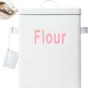 Youeon Metal Flour Container with Scoop and Lid, 6.3 Quart (Holds up to 7 lbs), Galvanized Steel Flour Canister with Handles, Farmhouse Square Storage Bin for Kitchen Counter, Pantry, White