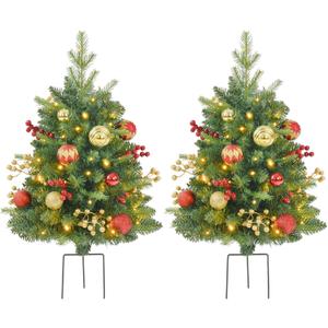 2 Pack Prelit Outdoor Christmas Tree 30 Inch, Remote Control Battery Operated with 100 Warm White Multi-Color Changing LED Lights, Small Pre-Decorated Green Xmas Tree for Pathway, Porch (Red Gold)