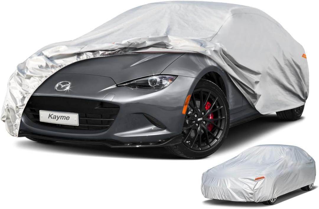Kayme 6 Layers Car Cover Waterproof All Weather for Automobiles, Universal Fit for Sedan Coupe Sports Car (up to 165 inch), Fit Mazda Miata MX5, Toyota mr2 Spyder, Honda S2000, etc.