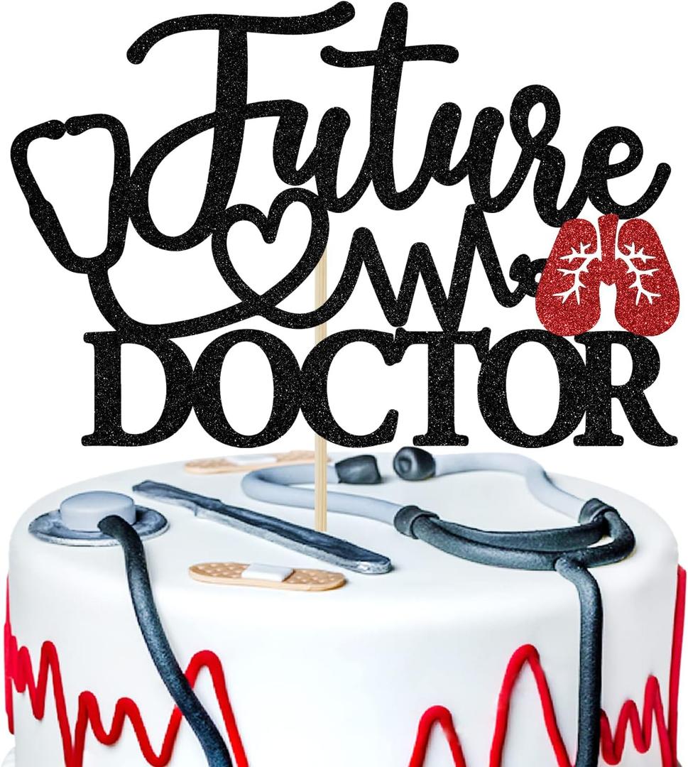 Black Glitter Future Doctor Cake Topper, Congrats Doctor/Med School Survivor Cake Decor, Medical Degree Graduation Party Decoration Supplies