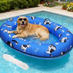61"x 43" Dog Pool Float Raft with Handle & Rope, Heavy Duty Inflatable Pet Float for Small Medium Large Dogs Up to 150 Lbs, Dog Floaties for Pool, Beach, Lake, River
