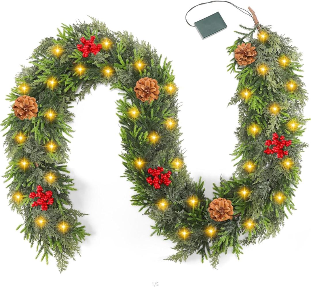6FT Lighted Christmas Cedar Cypress Garland, Soft and Lush Pine Garland with 50 LEDs,Pre-lit Xmas Battery Operated with Timer for Outdoor Indoor Fireplace Mantle Stair Railings