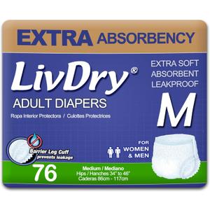 LivDry Adult Incontinence Underwear, Extra Absorbency Adult Diapers, Leak Protection, Medium, 76-Pack