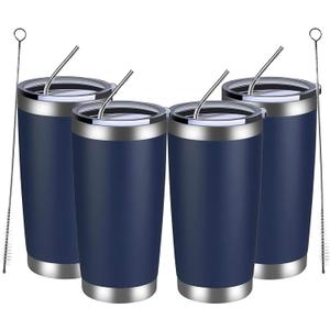 MEWAY 20oz Tumbler 4 Pack Double Wall Vacuum Insulated Travel Mug Bulk, Stainless Steel Tumblers with Lid and Straw, Durable Powder Coated Coffee Cups for Cold & Hot Drinks (Navy, 4)