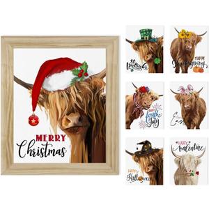 Highland Cow Canvas Wall Art: Rustic Farmhouse Holiday Decor with 7 Interchangeable Seasonal Sayings(10"x12" Wood Frame),Halloween Christmas & Year-Round Decor for Living Room Bedroom Home Office
