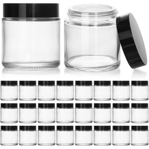 KEYWING 4oz Small Glass Jars, 24 Pack Round Clear Glass Jars with Black Lid Empty Cosmetic Containers with Inner Liners for Lotions, Powders, Cream and Ointments