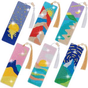 SWATOM 6 Pcs 5D Diamond Painting Bookmarks Sun & Moon Nature Acrylic Diamond Art Bookmark with DIY Painting Kits Tassels & Wood Beads Pendant Rhinestone Bookmarks