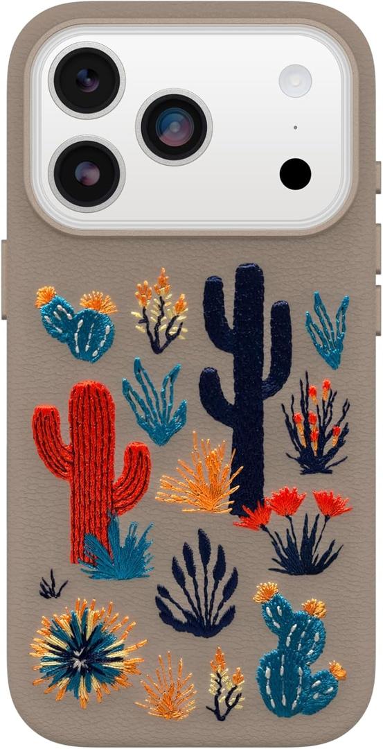 OtterBox iPhone 17 Pro Symmetry Series Cactus Leather Embroidery Case - Cactus Garden - Grey - Textured, Embroidered Cactus Garden Artistic iPhone Case