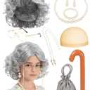 5 Pcs Old Lady Costume for Kids and Girl, 100 Days of School Costume for Kids Girls Includes Old Lady Wigs Glasses Wig Cap Necklace Bracelet Earrings Bag Inflatable Walking Stick