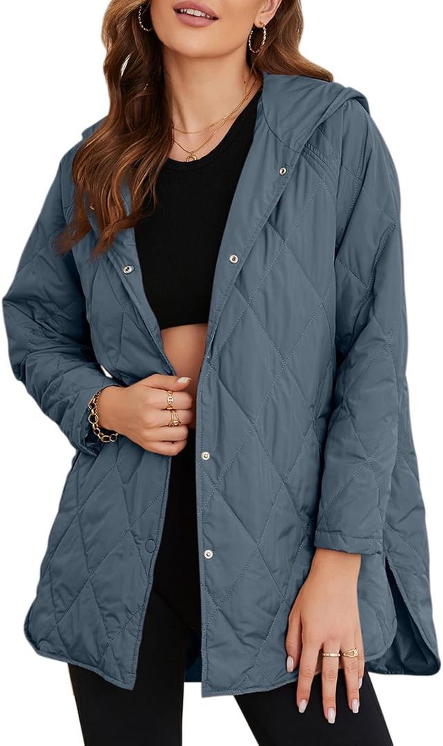 EVALESS Long Jackets for Women Fashion 2025 Winter Coat for Women Business Casual Diamond Quilted Hooded Lightweight Jackets (Large, Sky Blue)