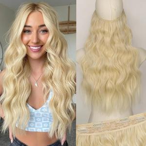 KooKaStyle Invisible Wire Hair Extensions with Transparent Headband Adjustable Size 4 Secure Clips Long Wavy Secret Wire Hairpiece Light Blonde (Neutral Cream Tone) 20 Inch for Women
