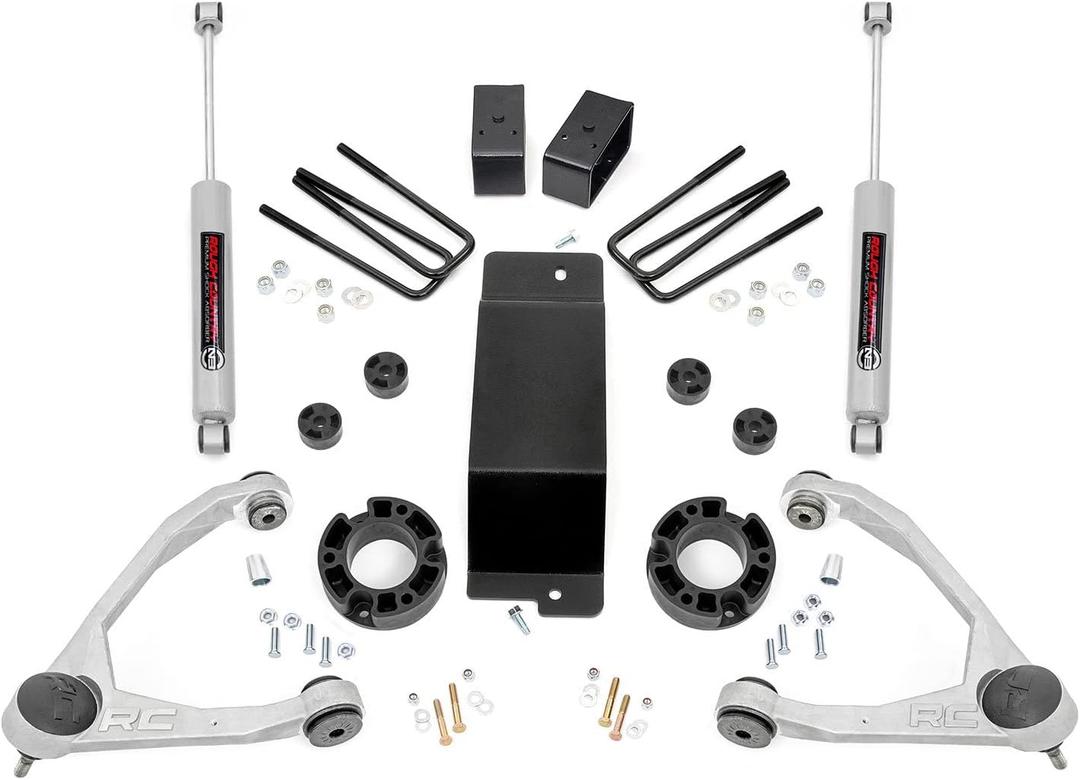 Rough Country 3.5" Lift Kit with Strut Spacers/N3 Rear Shocks for Chevy Silverado & GMC Sierra 1500 (2007-2016) - Silver Control Arms