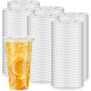 SHENLIU 600 Pcs Clear Flat Lids Plastic Disposable PET Cup Lids with Straw Slot Fits for 12 oz/16 oz/20 oz/24 oz Cups for Summer Iced Coffee, Ice Cream, Slush, Milkshake, Home, Party, Travel