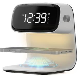 Digital Alarm Clock with Wireless Fast Charging Station 15W Touch Smart Lamp for Bedside,3 Colors Nightlight Adjustment Night Lamp for Living Room,Bedside,Heavy Sleepers (White+Cable&Adapter)